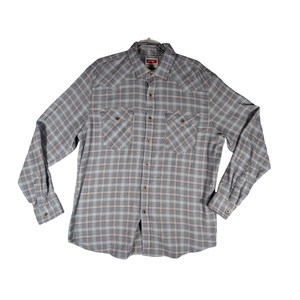 Wrangler Men Blue Gray Plaid Western Button Long Sleeve Shirt Size Large Stretch